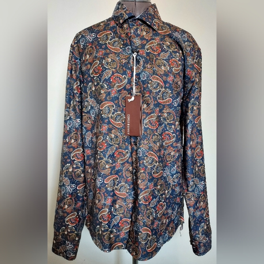 NWT Consequence Men's Paisley Button Up Shirt Long Sleeves Cotton Spandex Size M